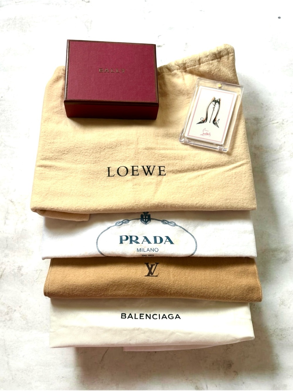 Luxury Designer Dust Bag Stack with LOEWE, PRADA, LV, BALENCIAGA, BALLY 6 items